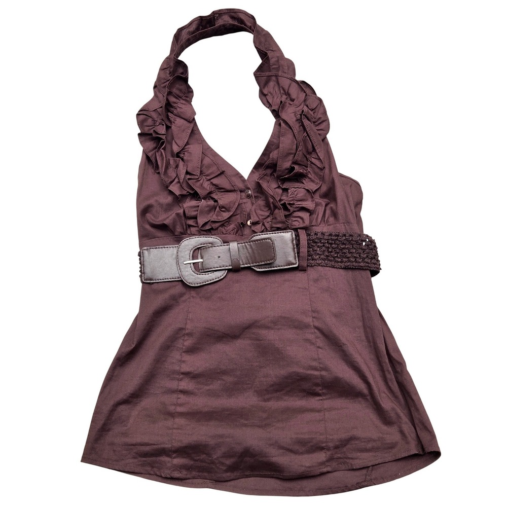 Women's Y2K Large Brown Belted Halter Top Ruffle Soft Grunge Alt Girl Heart Soul - Picture 2 of 5